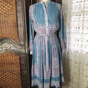 Vintage 70’s Chic Teal Paisley Long Sleeve Dress